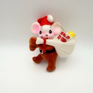 Vintage Red Flocked Plastic Blow Mold Christmas Santa Mouse Ornament Figure MCM